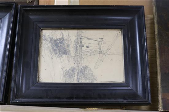 George Horton, four pencil drawings, Views of a windmill, harbour and riverscapes, largest 25 x 18cm